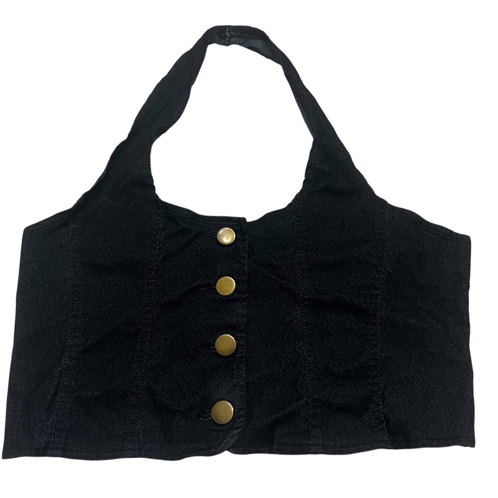 One Up Black Denim Halter Crop Top Womens Small Gold Button Y2K Festival 0378